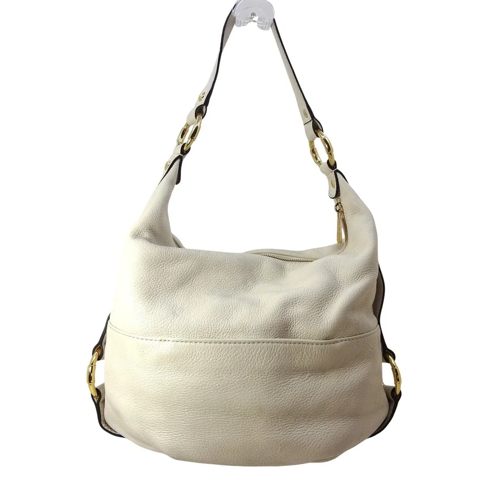 Michael Kors White Leather Hobo‎ Shoulder Bag Gold Tone MK Logo